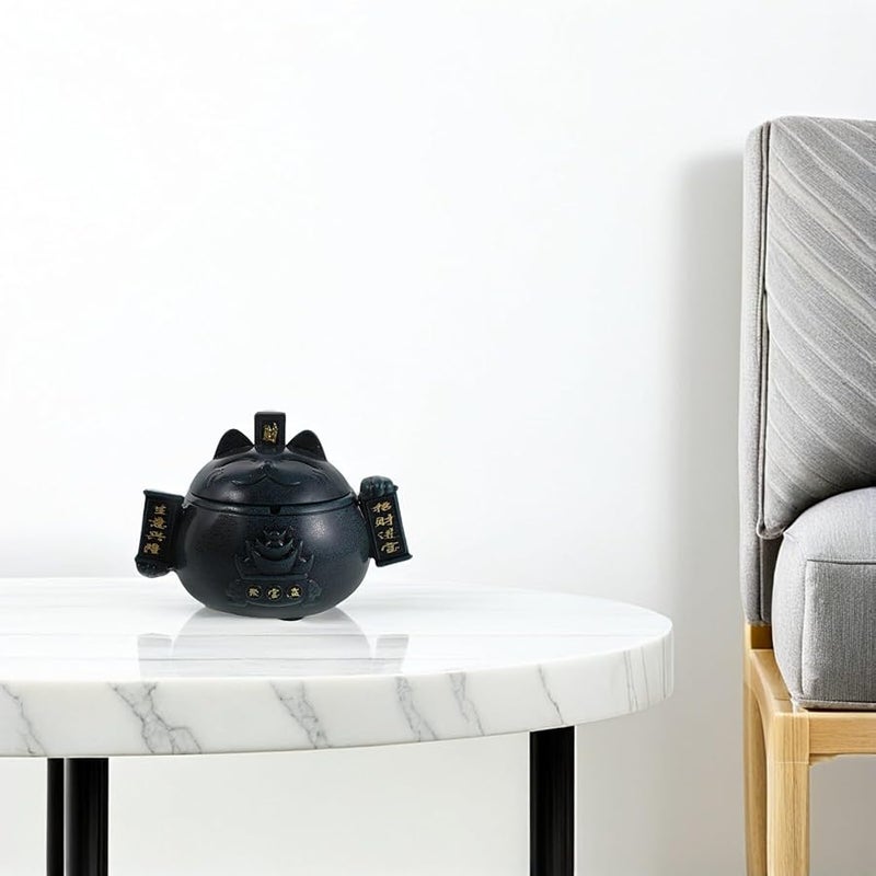 منفضة سجائر سيراميك القط المحظوظ مع غطاء مقاوم للرياح للداخل والخارج باللون الأزرق - Image 5